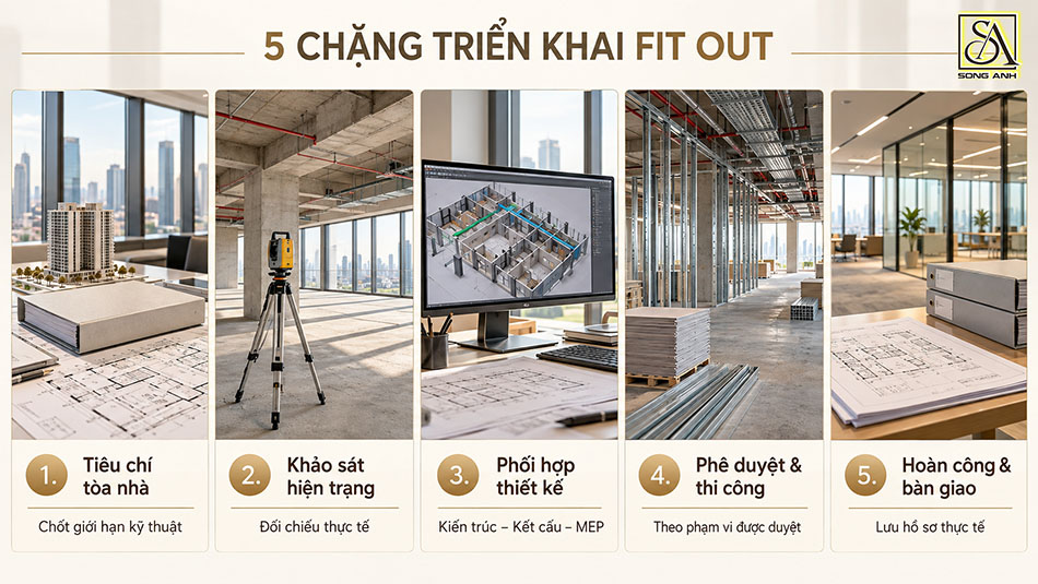 Năm chặng fit out từ tiêu chí tòa nhà, khảo sát, phối hợp thiết kế đến phê duyệt, thi công và hoàn công.